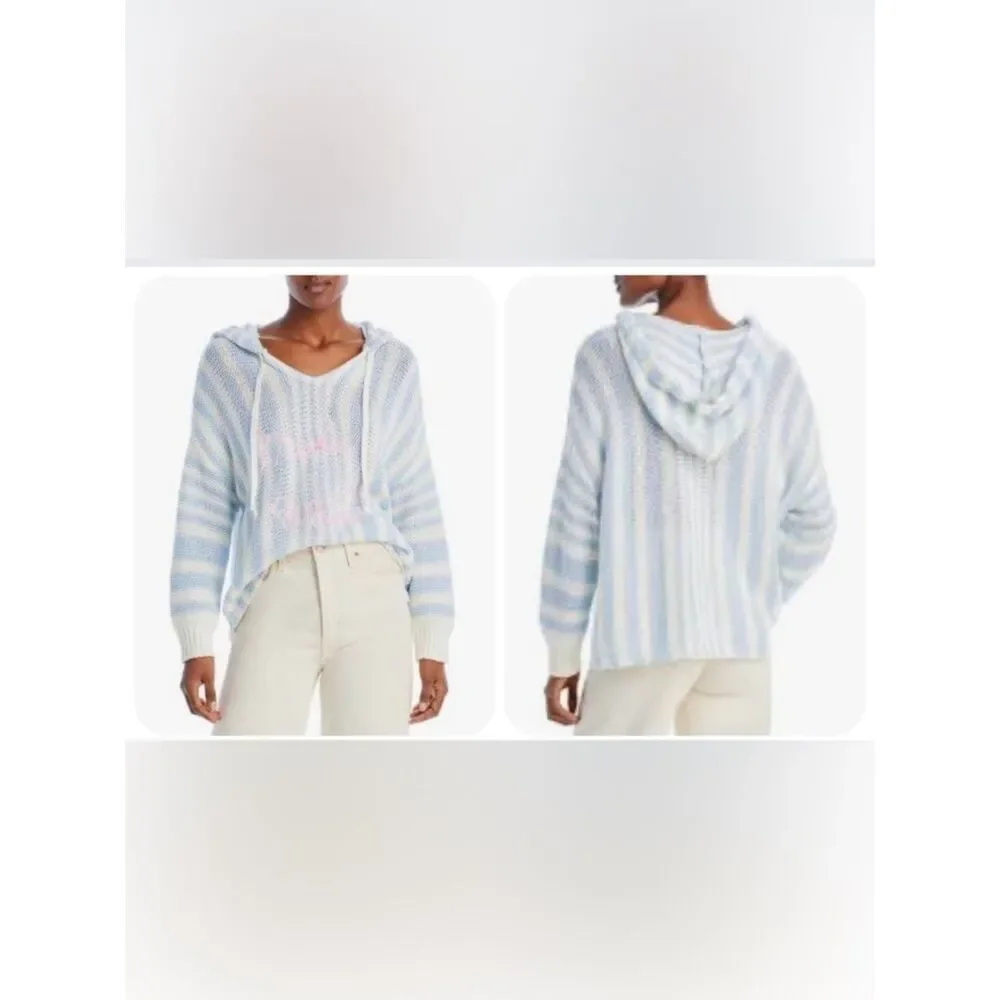 Vintage Havana Blue & White Striped Hooded Knit Sweater with Pink Script